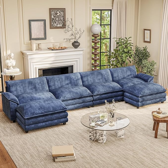 Furniwell 159" Modern Couches Sectional Sofa with Movable Ottoman, U Shaped Sofa Couch with Comfy Chenille and Deep Seat, 4-Seat Cloud Couch for Living Room, Bedroom and Apartment