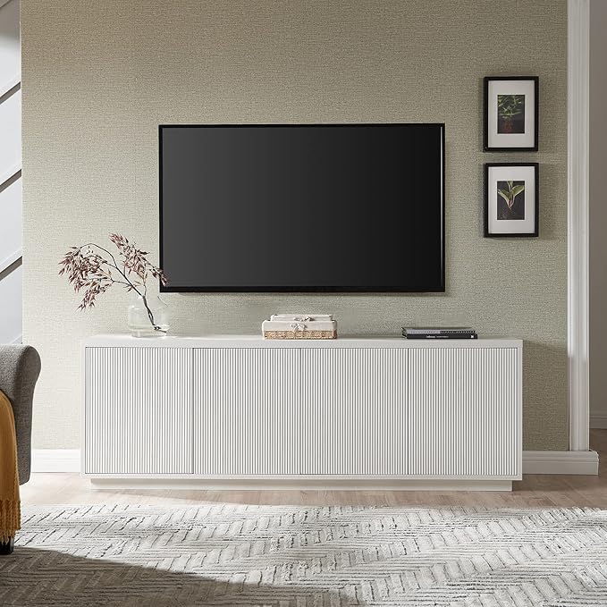 Henn&Hart Fluted TV Stand for TVs up to 75" with 2 Concealed Ribbed Storage Cabinets and Adjustable Shelves for Living Room, Family Room, or Office, Cloud White
