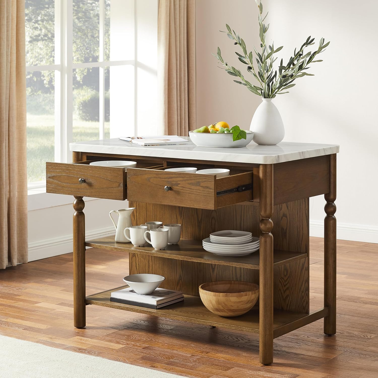 Crosley Furniture Roselyn Traditional Kitchen Island Breakfast Bar Table, Counter-Height Dining, Brown/White Marble