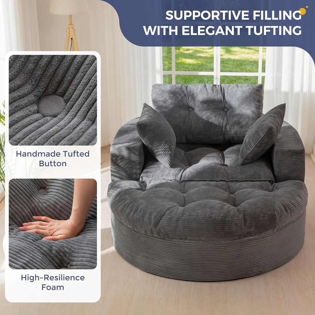 MAXYOYO Oversized Round Chaise Lounge Sofa, Upholstered Lounge Chair with 3 Pillows, Boneless Sofa Couch with Ottoman, Deep Seat Chair for Living Room, Bedroom, No Assembly, Dark Grey