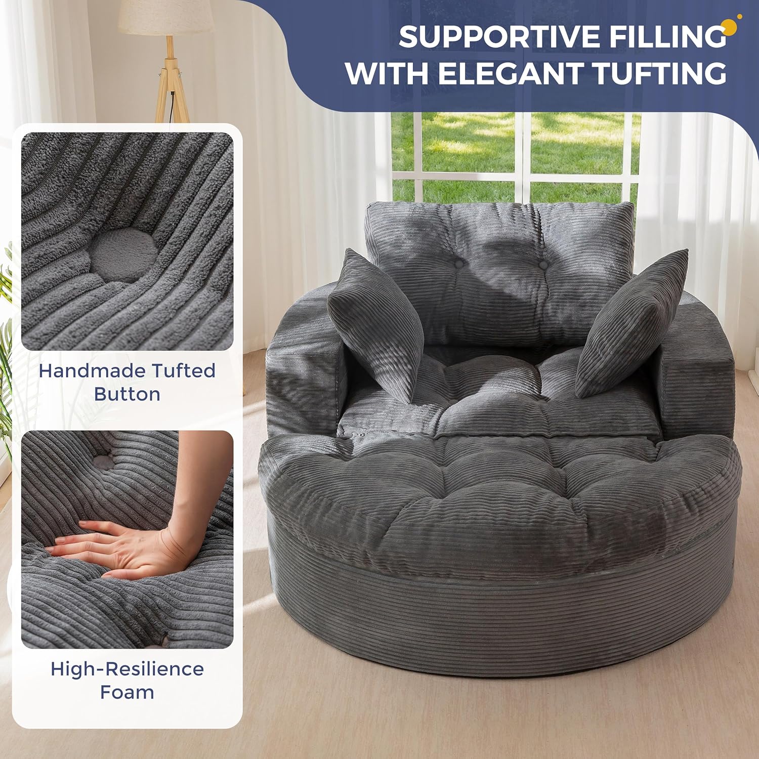 MAXYOYO Oversized Round Chaise Lounge Sofa, Upholstered Lounge Chair with 3 Pillows, Boneless Sofa Couch with Ottoman, Deep Seat Chair for Living Room, Bedroom, No Assembly, Dark Grey