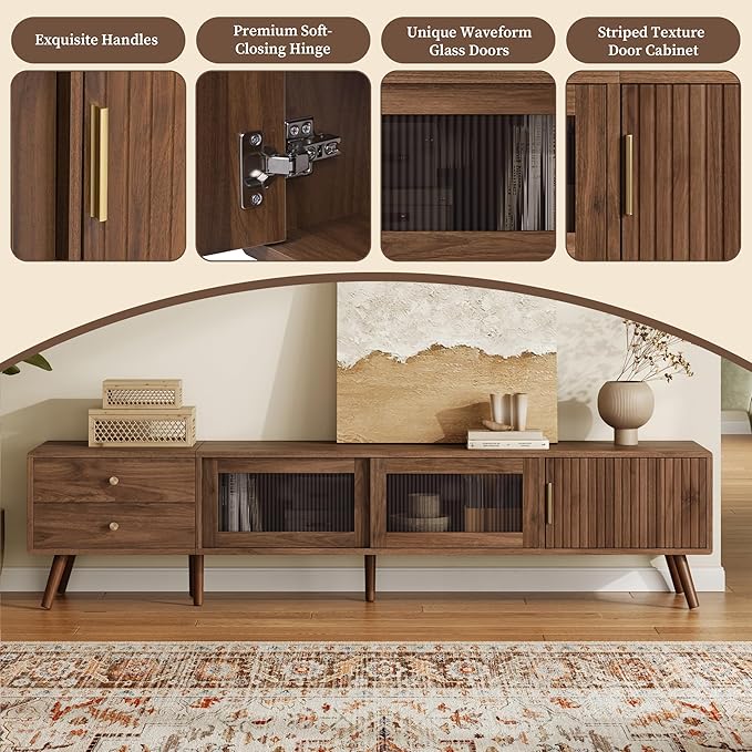 Marzzi Mid-Century Modern TV Stand for 85 inches TV, 76" Media Console with Fluted Cabinet Door, Sliding Glass Doors, and 2 Drawers, Entertainment Center with Storage, Solid Wood Legs