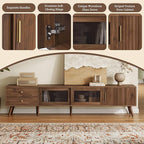 Marzzi Mid-Century Modern TV Stand for 85 inches TV, 76" Media Console with Fluted Cabinet Door, Sliding Glass Doors, and 2 Drawers, Entertainment Center with Storage, Solid Wood Legs