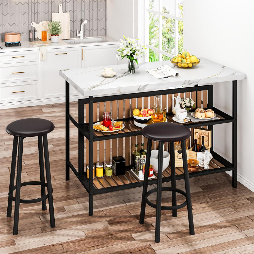 DKLGG Kitchen Island with Stools & Storage, Modern Dining Table Set for 2...