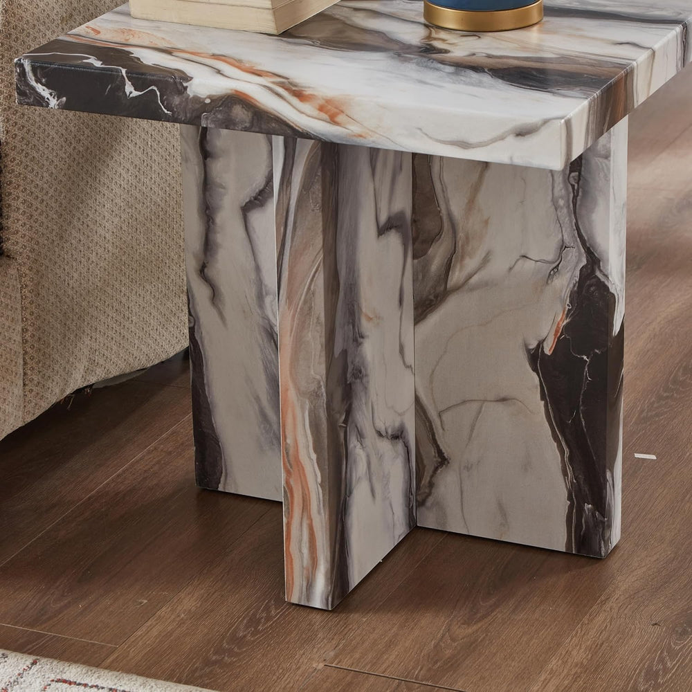 Roundhill Furniture Cavira Modern Faux Marble Living Room Side Table, Off-White