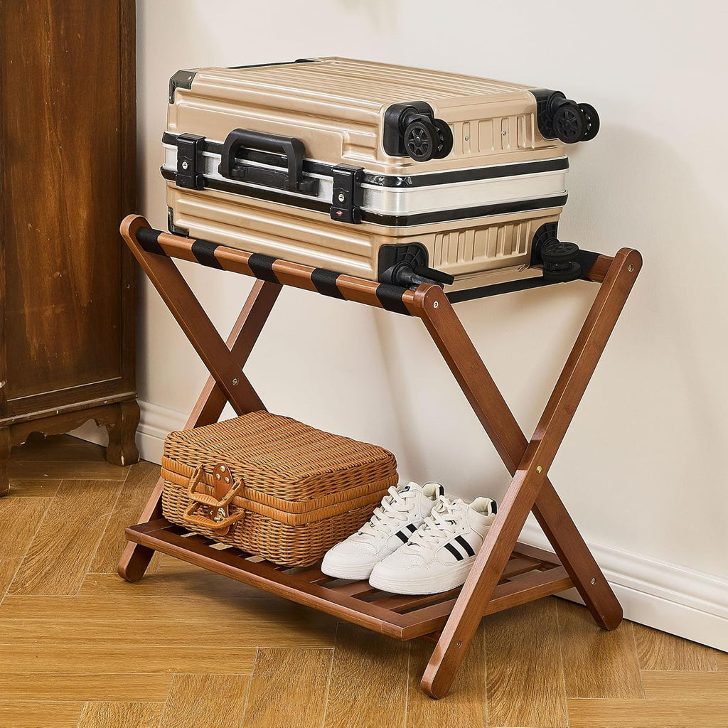 oakvivo Fully Assembled Walnut Luggage Racks Set of 2, Bamboo Luggage Rack Stand for Guest Room, 5 Nylon Straps, 26.77" Folding Suitcase Stand with Storage Shelf for Bedroom Hotel, Holds up to 165 Lbs