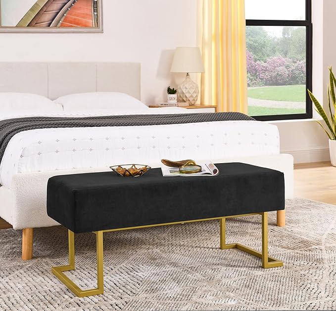 Modern Style Bedroom Double Seat Bench, Cushioned Bed end Stool, Living Room Sofa Stool, Footstool with Golden Iron Legs, Suitable for Bedroom and Living Room (Black, 39.37"x15.74"X16.53")