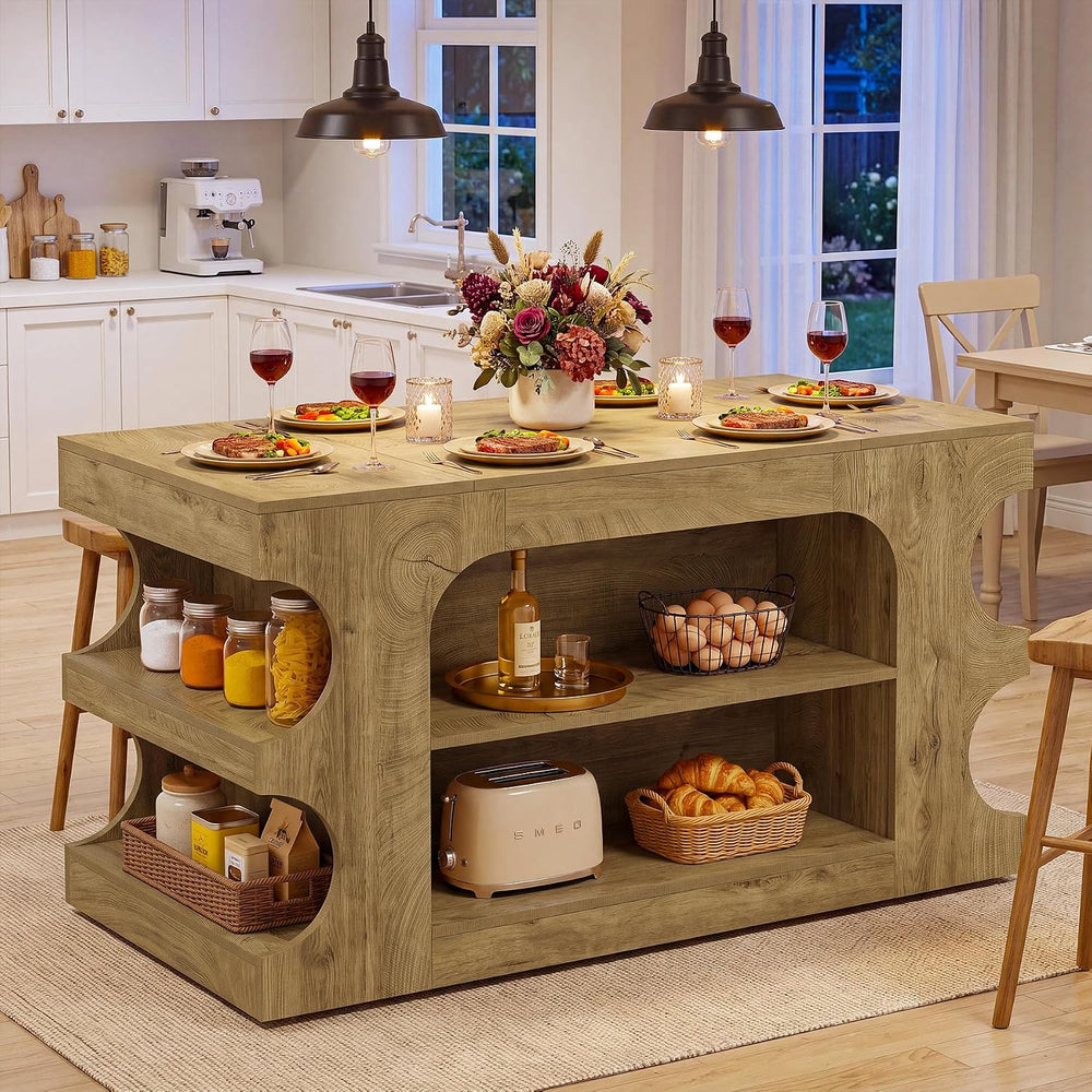 Tribesigns 63" Kitchen Island with Storage and Seating Area, Island Tabl...