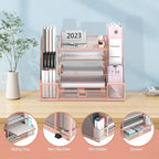 SUPEASY Mesh Desk Organizer with File Holder, 5-Tier Paper Letter Tray Organizer with Magazine Holder, Desktop Organizer and Storage with Drawer for Office Supplies Home or School, Rose Gold