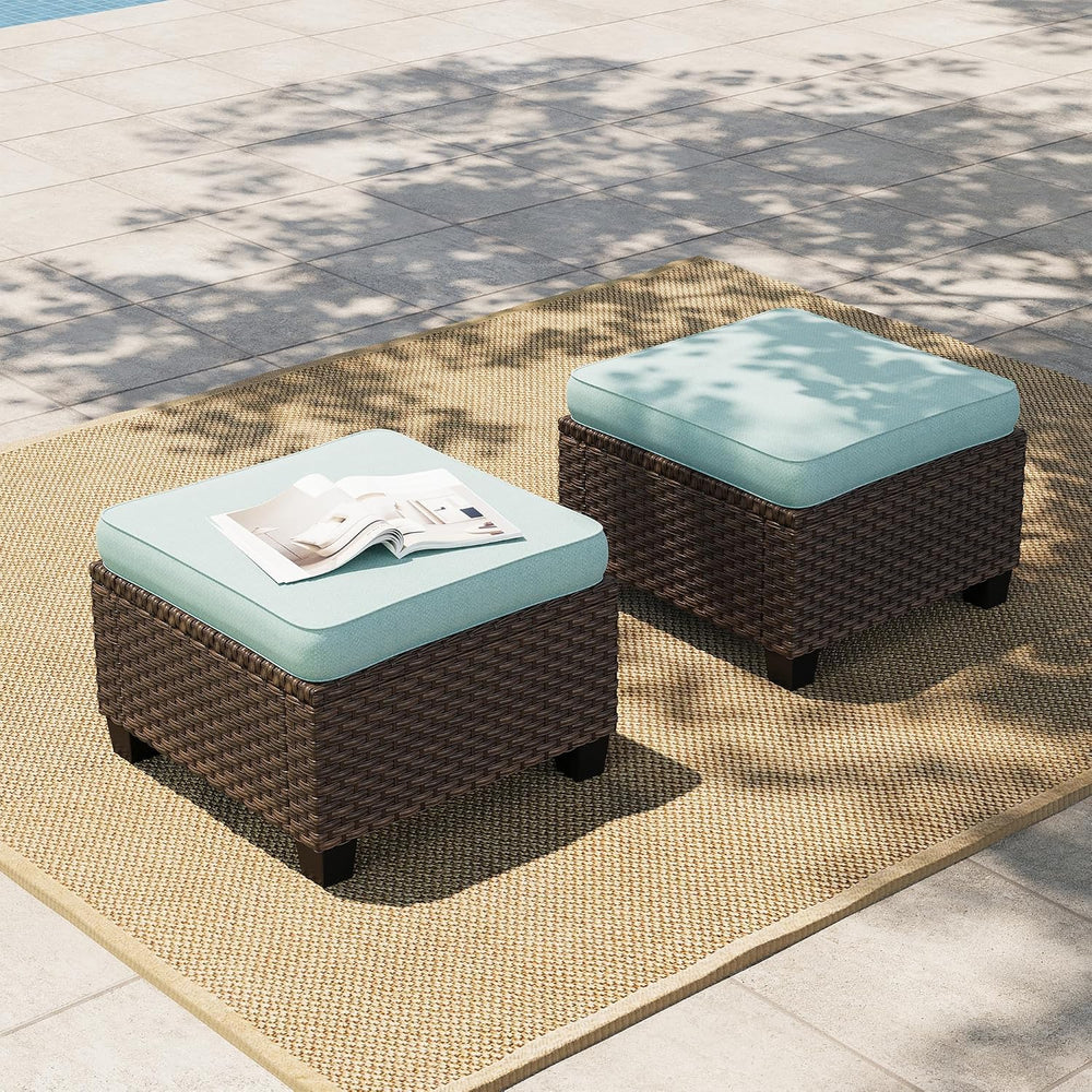 HERA'S HOUSE Outdoor Wicker Ottoman Set of 2, Patio Footstool Footrest Se...