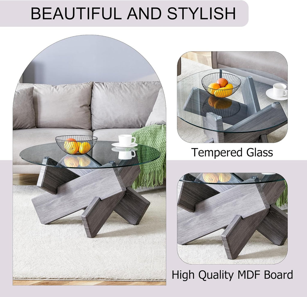 Round Glass Top Coffee Tables, 33.4 Inch Gray Coffee Table with Crossed Legs, Modern Mid Century Round Coffee Tables for Living Room, Circle Glass Coffee Tables for Living Room