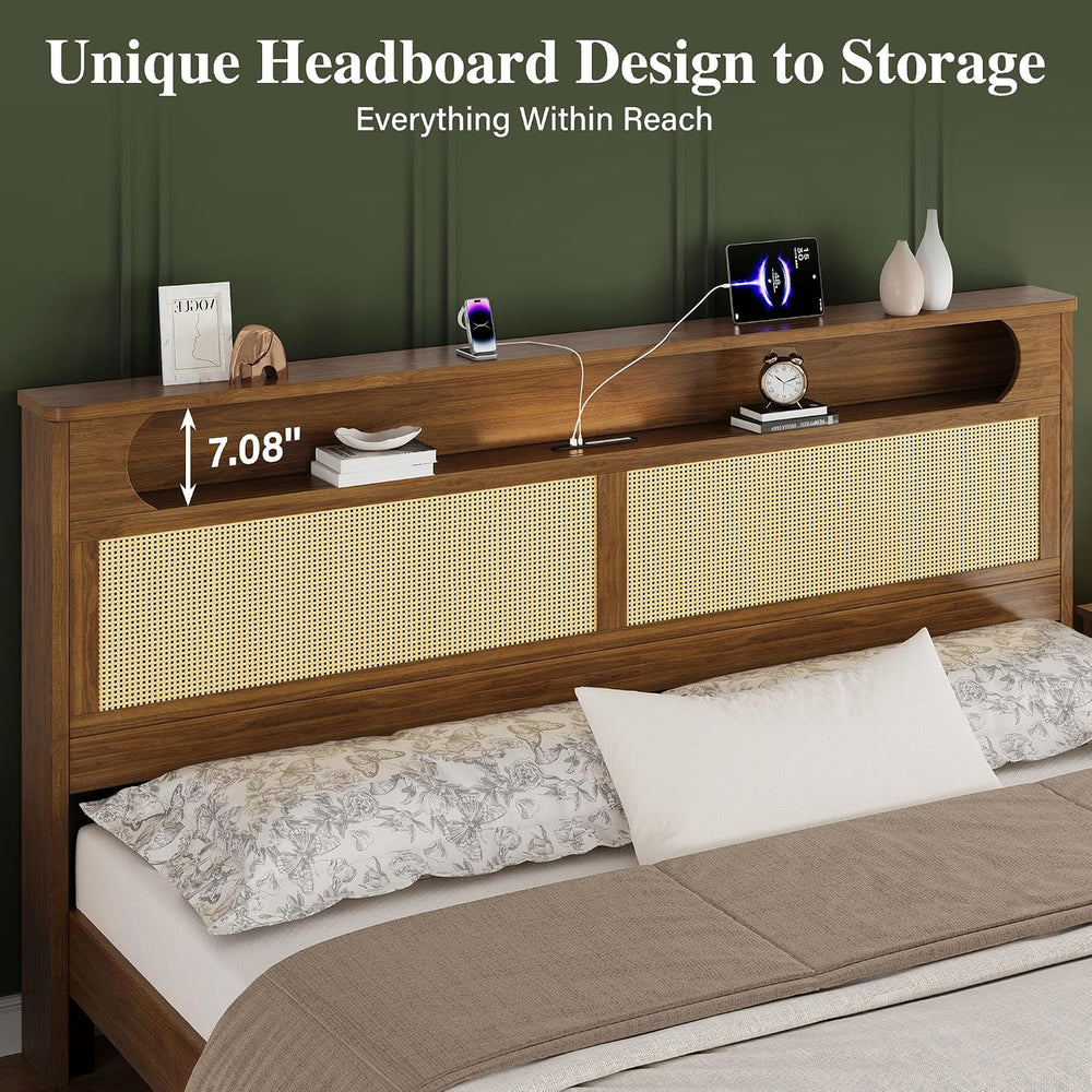 Belffin King Size Rattan Bed Frame with 2 Storage Drawers, Wood Bed, Brown
