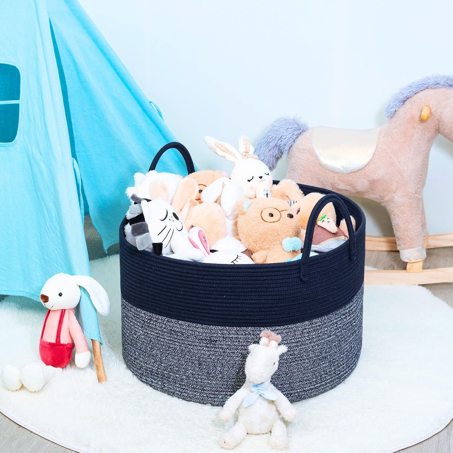 MINTWOOD Design Extra Large 22 x 14in Decorative Woven Cotton Rope Blanket Storage Basket Bin Living Room with Long Handles, Laundry Hamper for Pillows, Pool Towels, Dog Toys, Shoes, Navy Blue
