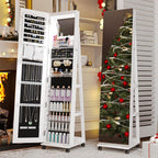 HNEBC 360° Swivel Mirrored Jewelry Armoire with 6 LEDS, Full Length Mirror with Jewelry Storage, Lockable Floor Standing Mirror with 4 Lockable Wheels for Cloakroom, Bedroom(White)