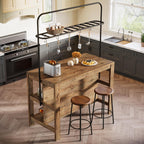 Solid Wood Kitchen Island with Storage, 47-Inch Farmhouse Stationary Island Table with Seating and 5 Hooks, Counter Height Bar Table for Kitchen, Dining Room, Rustic Brown