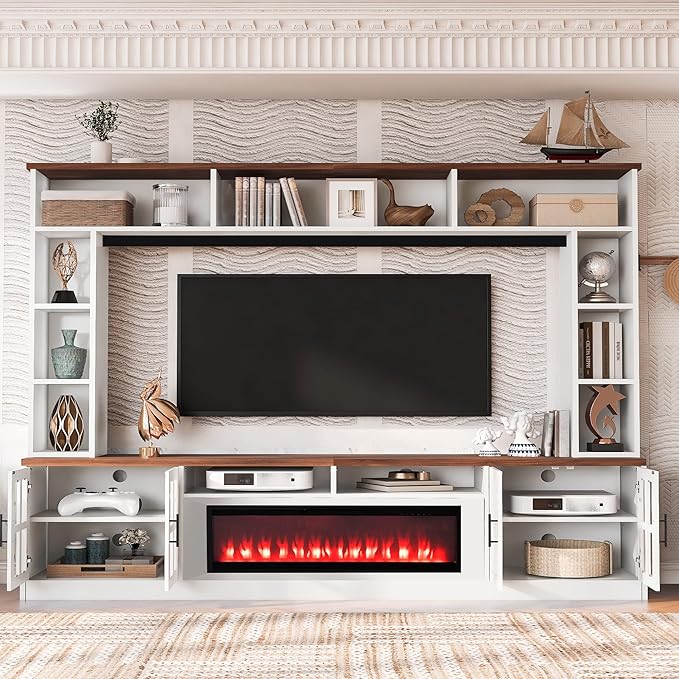 95.5" W Wall Unit Entertainment Center with Bookshelves for TVs up to 80", Modern TV Stand Media Console with Electric Fireplace Cabinets, Adjustable Shelves for Living Room (White+Walnut/F)