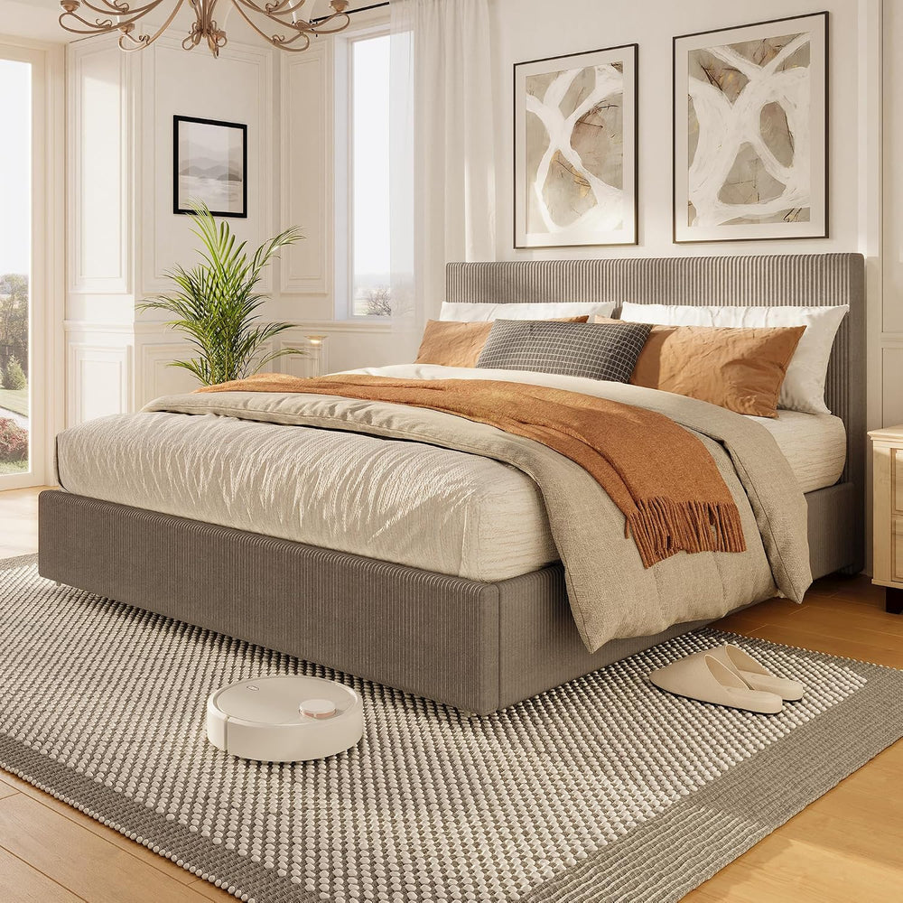 Garvee Corduroy Bed Frame with Headboard, Platform Upholstered Queen Bed Fram...