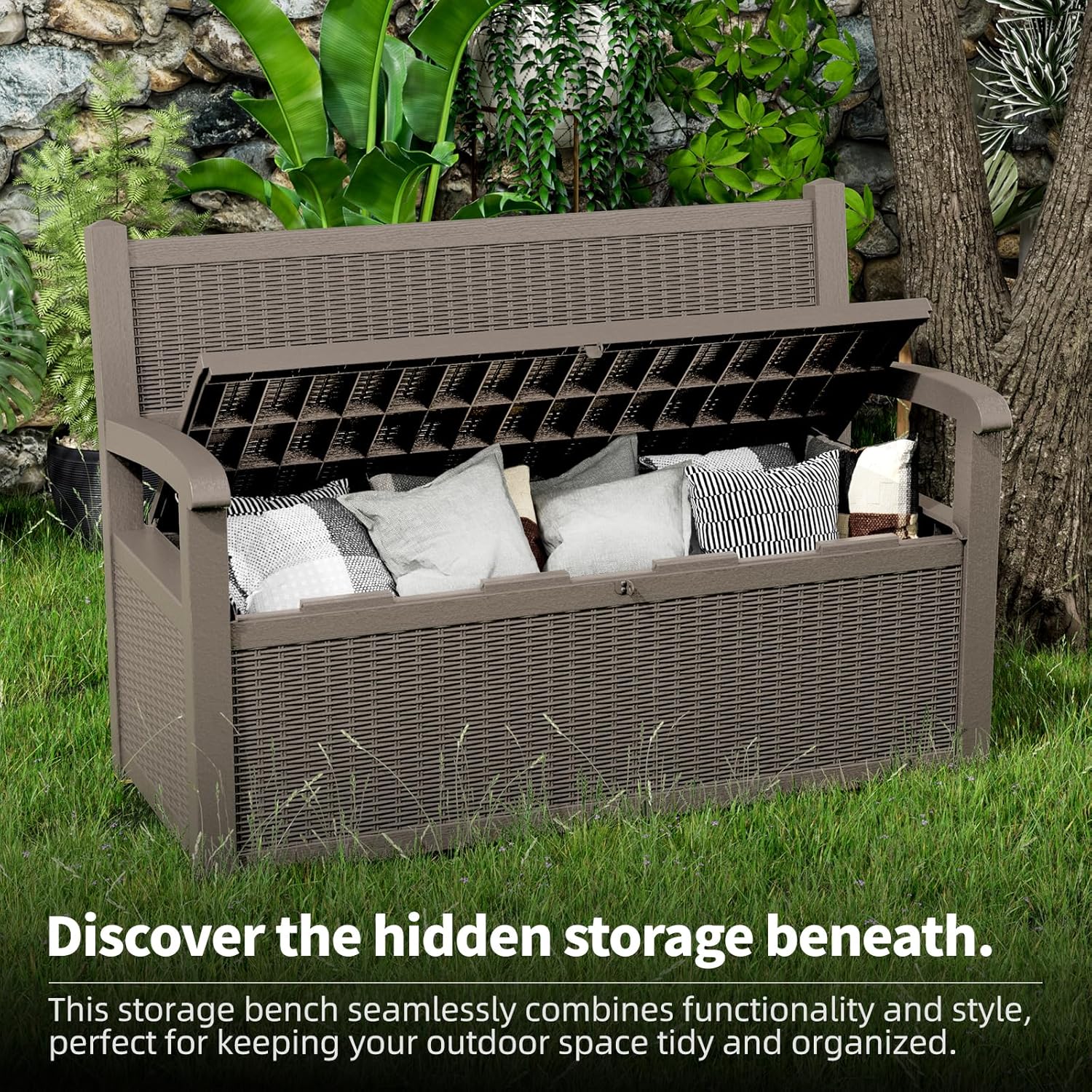 DRATO 75 Gallon Storage Bench Deck Box Outdoor Indoor,Lockable Durable All-Weather Seating with Hidden Storage,Deck Storage for Garden, Pool, Patio,Gray