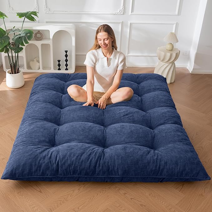 MAXYOYO Japanese Floor Mattress Queen Size, 6" Foldable Futon Mattress Tufted Roll Up Floor Bed, Thick Chenille Tatami Mat Sleeping Pad for Camping Guest Room Dormitory Bedroom RV, Navy