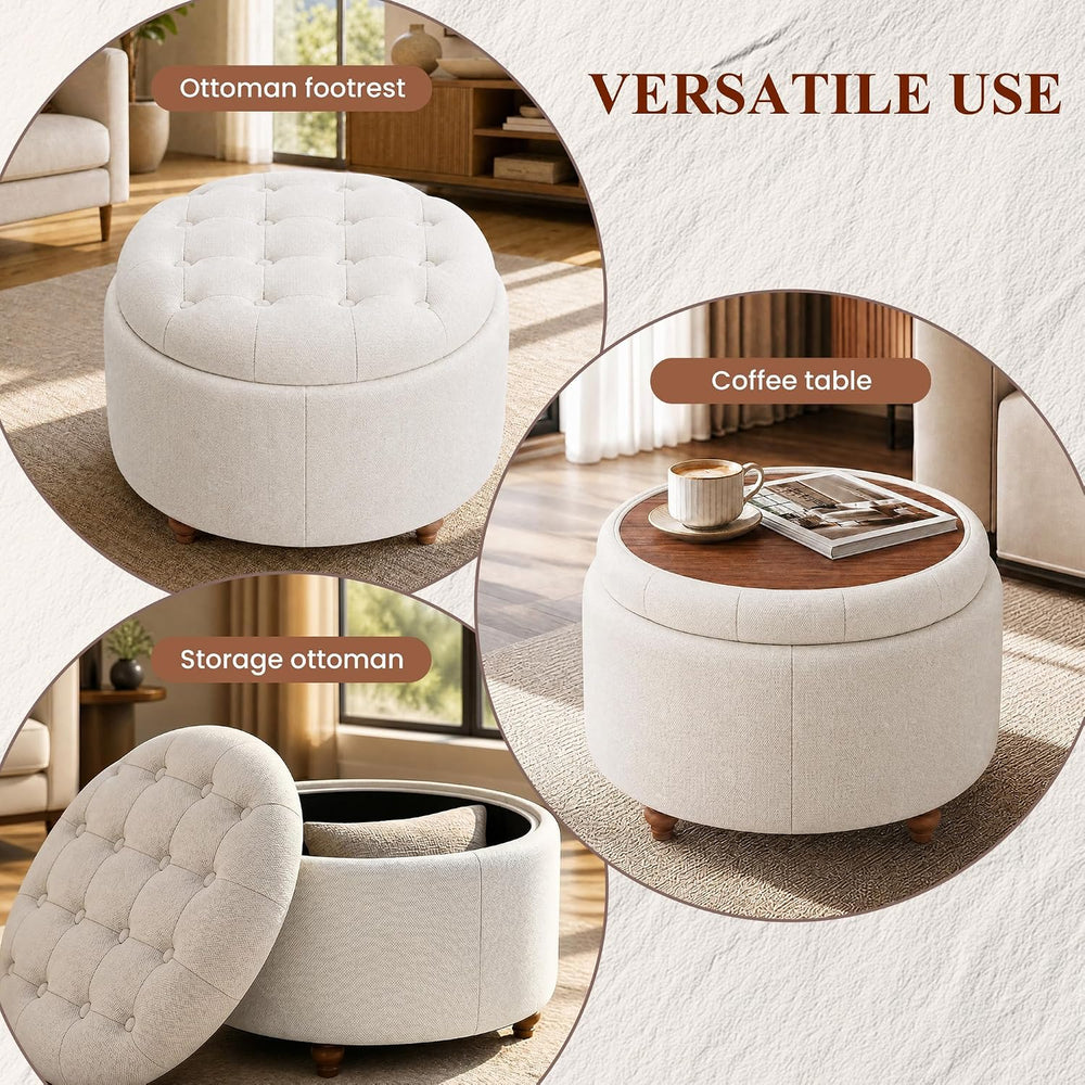 25" Round Ottoman with Storage, Small Coffee Table with Reversible Tray ...