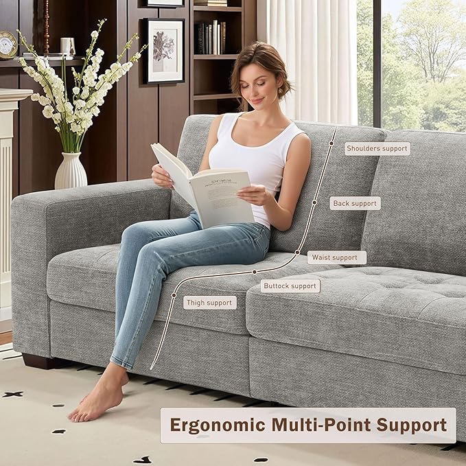 Hanherry Couch for Living Room, Modern Comfy Sofa with Medium Firm Seat Cushion, Removable Cover,Wide Armrest,USB/Type-C Port,Chenille Fabric Couches for Small Space,Apartment (Gray, 89 inch)