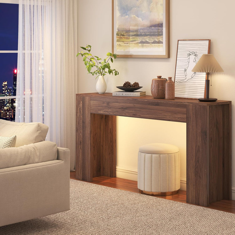knoworld 63-Inch Long Console Table with LED Light, Farmhouse Sofa Table Behi...
