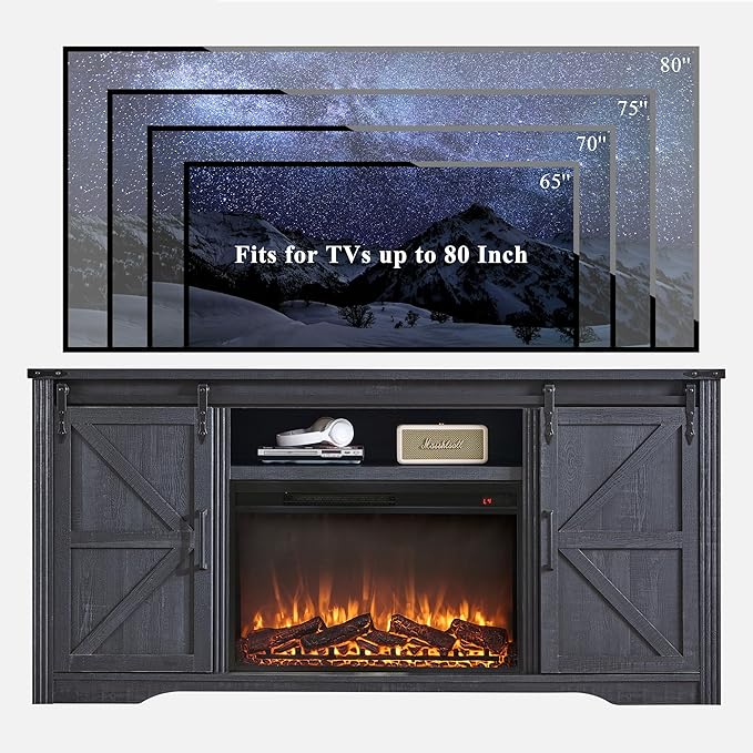 JXQTLINGMU Farmhouse Fireplace TV Stand for 80 Inch TV, 32" Tall Entertainment Center w/Drawer & Sliding Barn Door, 70 Inch Highboy Media Console for Living Room, Black