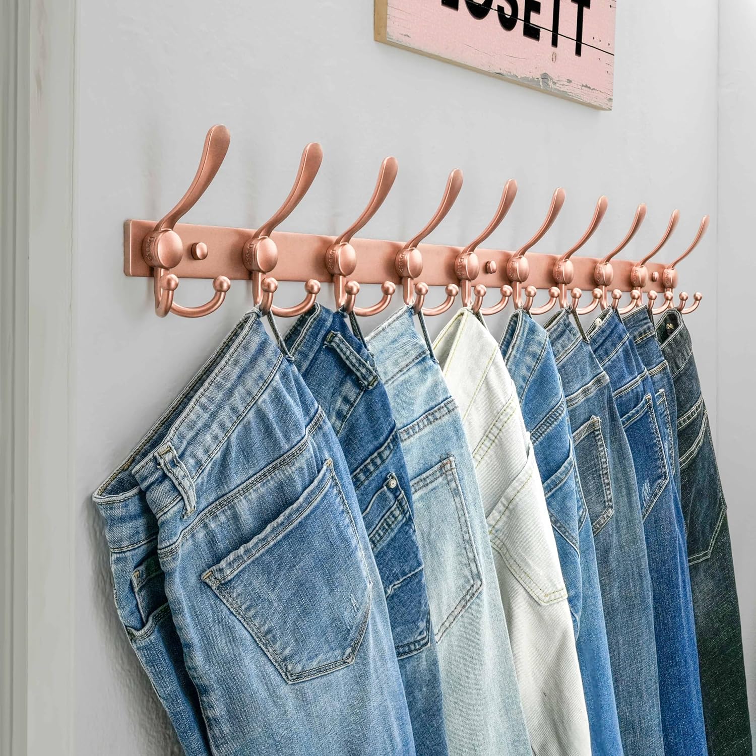 Dseap MaxStrong 2.0 Coat Rack Wall - 37” Long 10 Tri Hooks - Ultra Heavy-Duty Stainless Steel Wall Mount Coat Hanger, Hook Rail for Clothes Hats Jacket Towels Rose Gold
