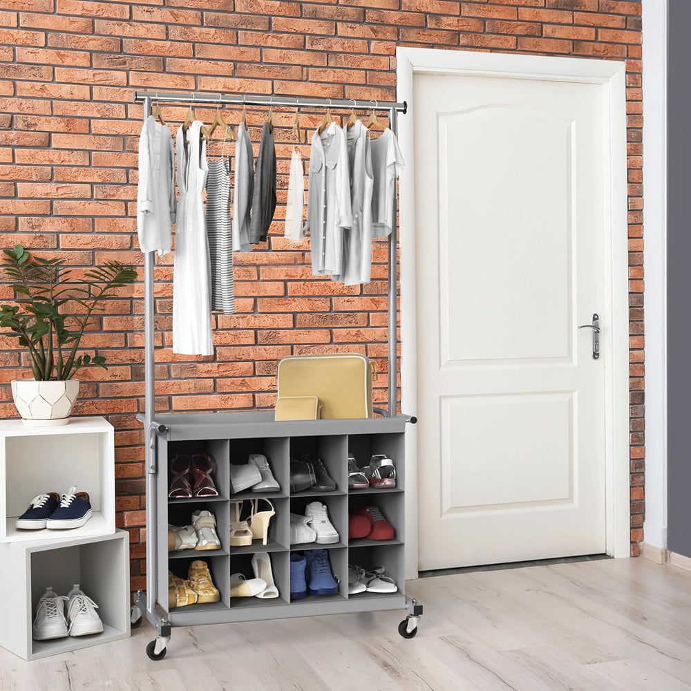 Simple Houseware Garment Rack w/Extensible Hanging Rod & 12 Cubes, Grey