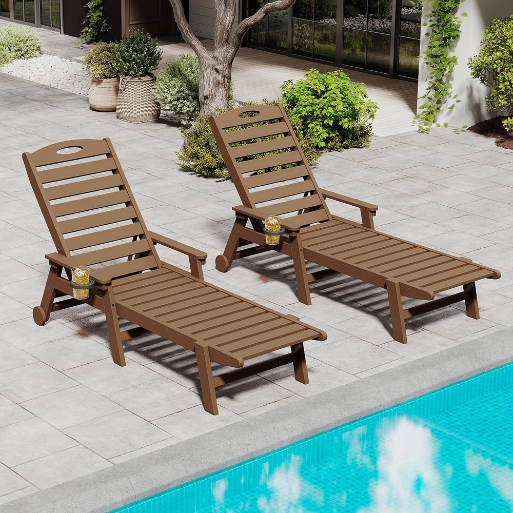 Domi Outdoor Chaise Lounge Chairs Set of 2, HDPE All-Weather Pool Loungers wi...