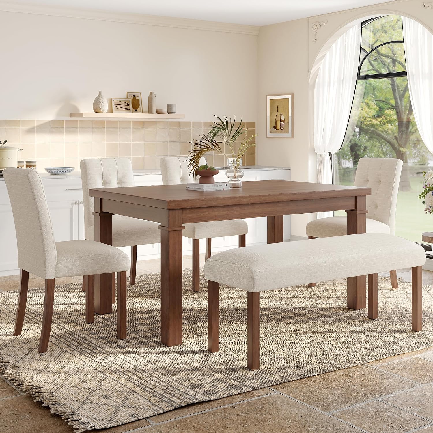 Merax 6-Piece Dining Set, Rectangle Kitchen Table with 4 Upholstered Chairs & Bench, Ideal for Dining Room and Living Room, Walnut