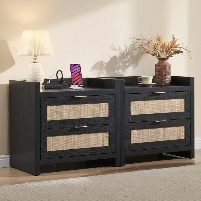 SICOTAS Rattan Nightstands Set of 2 : Bedside Table with 2 Large Drawers