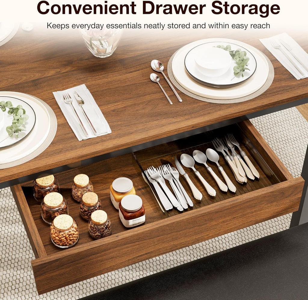 43.3" Dining Table Set for 4 with Drawer Storage, Dining Table with Chairs and Upholstered Bench, Lower Shelf, Space-Saving Wooden Table for Apartment, Kitchen, Dining Room