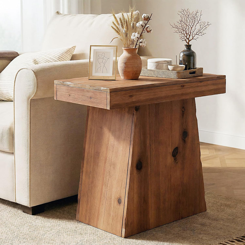Solid End Table, 23.6" Wood Side Table with Trapezoid Base for Small Spa...