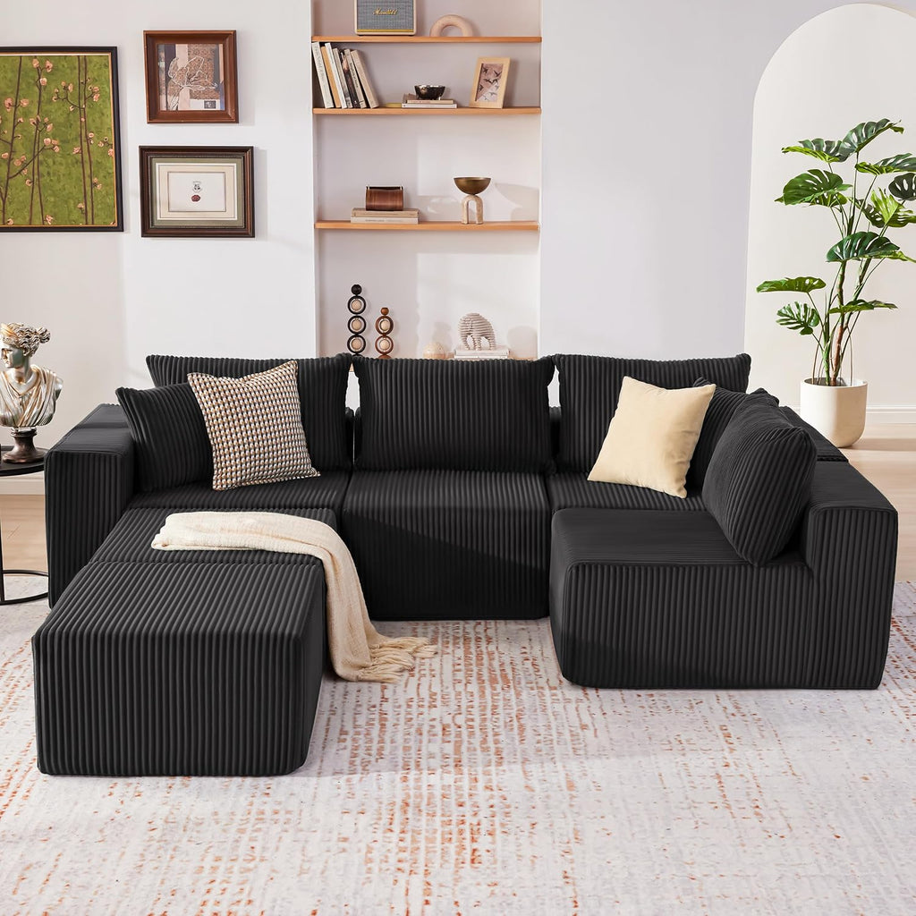 135.4" Sectional Couches for Living Room, U Shaped Boneless Couch, Black | Deep Seat Modular Sectional Sofa for Living Room, Upholstered Corduroy Couch for Apartment, Converts to Bed for Movie Nights