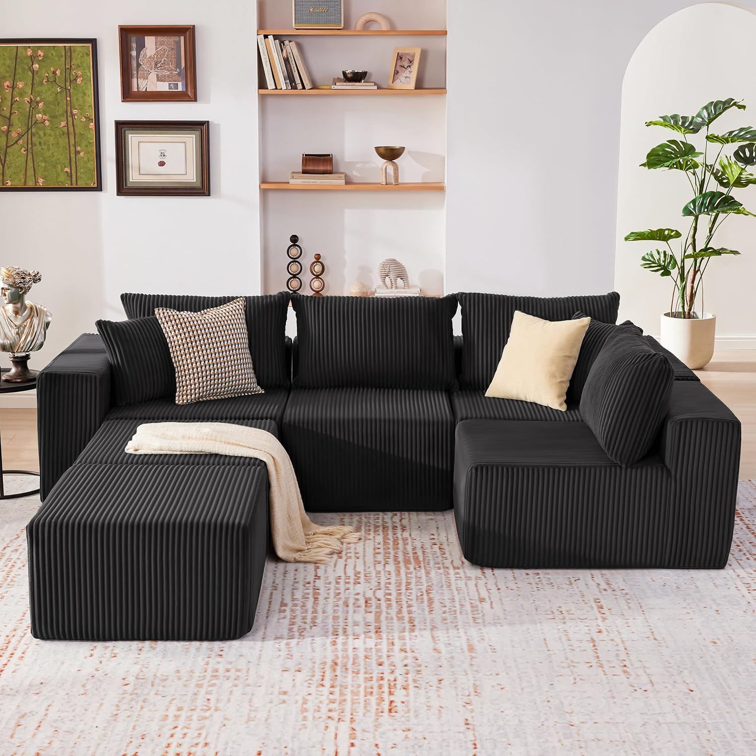 135.4" Sectional Couches for Living Room, U Shaped Boneless Couch, Black | Deep Seat Modular Sectional Sofa for Living Room, Upholstered Corduroy Couch for Apartment, Converts to Bed for Movie Nights