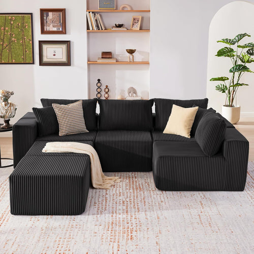135.4" Sectional Couches for Living Room, U Shaped Boneless Couch, Black | Deep Seat Modular Sectional Sofa for Living Room, Upholstered Corduroy Couch for Apartment, Converts to Bed for Movie Nights