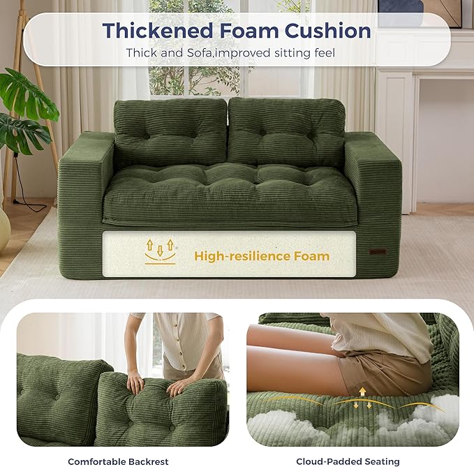 MAXYOYO 63" Loveseat Sofa Couch for Small Spaces, Upholstered Boneless Cloud Couch for Apartment Bedroom, 2-Seater Love Seat Floor Modern Sofa with Pillows, No Assembly Required, Dark Green