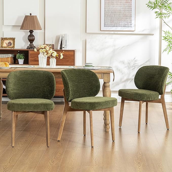 YOUNIKE Olive Green Dining Chair with High Back Set of 3 Mid Century Modern Kitchen Chair Boucle Fabric Upholstered Armless Accent Chair 20" Wide Padded Seat with Wooden Legs for Living Room Bedroom