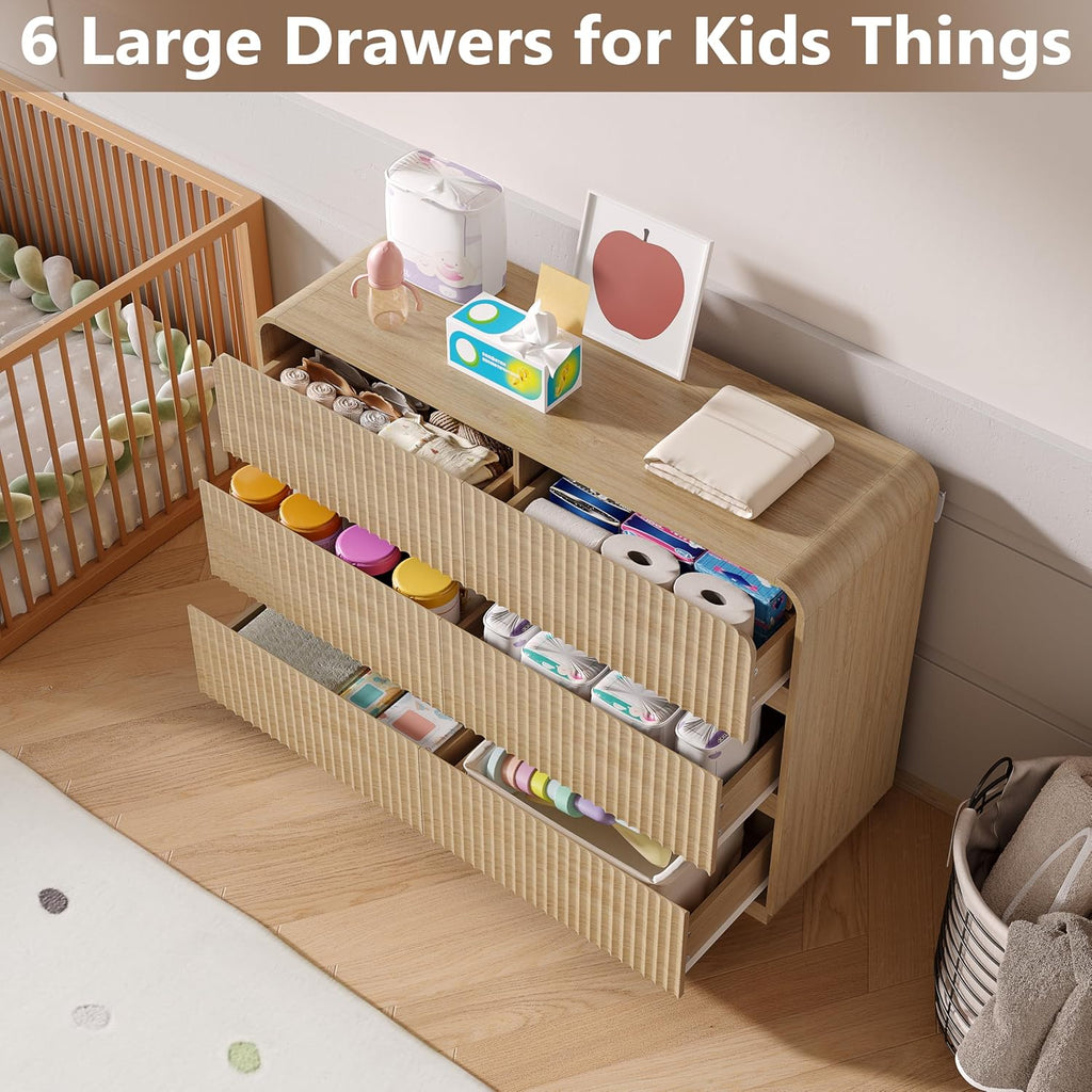 Dresser for Bedroom with 6 Drawers, Fluted Chest of Drawers with Round Curved Corner, Hidden Handles, Modern Wood Storage Organizer for Bedroom, Nursery, Living Room