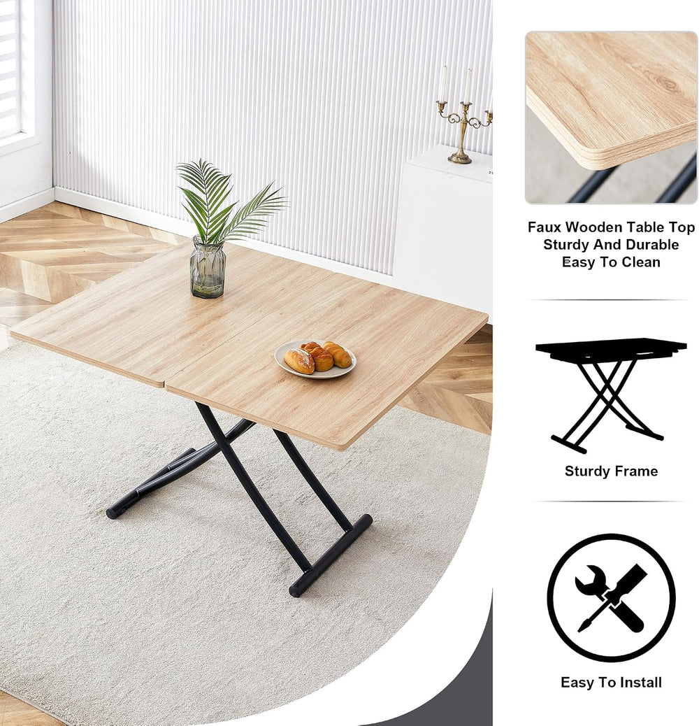 Space Saving Folding Dining Table, Adjustable Height Foldable Coffee Table wi...