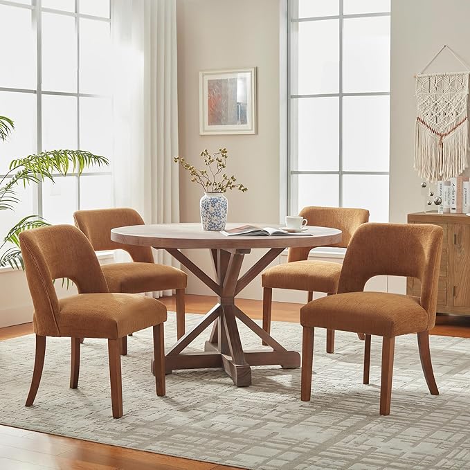 VKNOW Wooden Dining Chairs Set of 2, Modern Fabric Upholstered Dining Room Chair Kitchen Chairs, Farmhouse Dinner Chair for Kitchen Dining Room, Orange