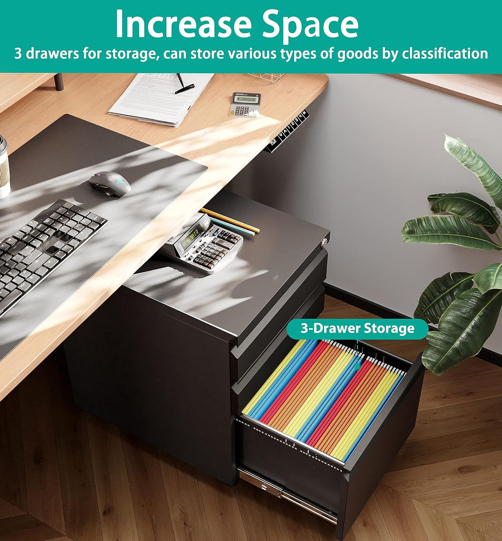 SISESOL 3 Drawer Mobile File Cabinet with Lock,Black Under Desk File Cabinets...