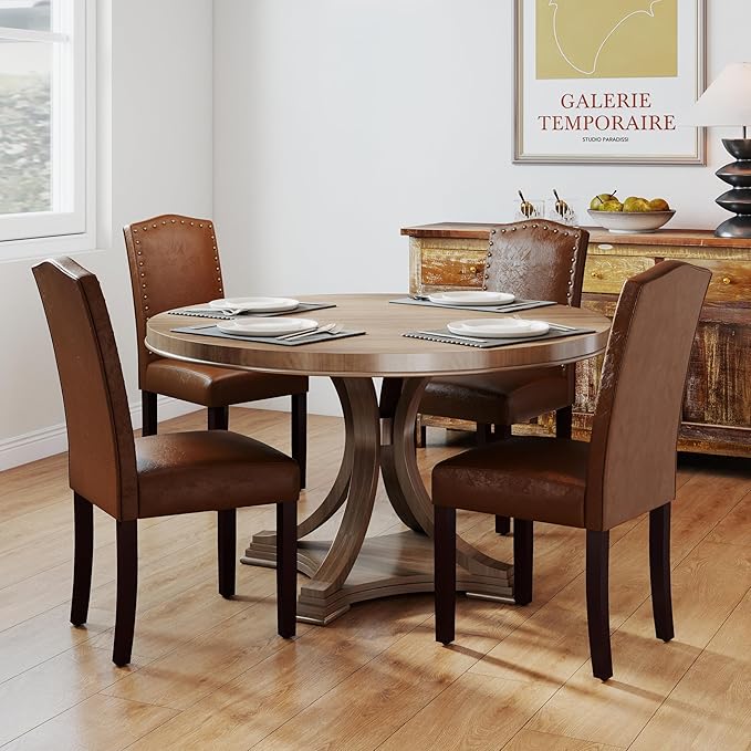 LSSBOUGHT PU Dining Chair Set of 2 Upholstered Parsons Kitchen Chair with Copper Nails and Solid Wood Legs for Dining Room,Restaurant(Brown)