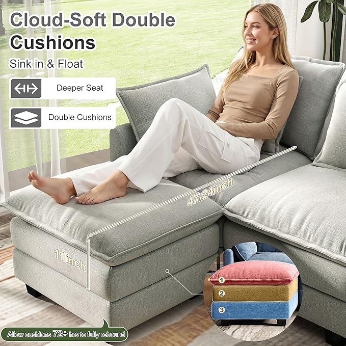 107" Cloud Couch Sectional, U Shaped Modular Sectional Sofa, 4-Seat Deep Seat Couch with 6 Removable Washable Pillows and 2 Ottoman for Living Room, Bedroom, Apartment, Light Grey
