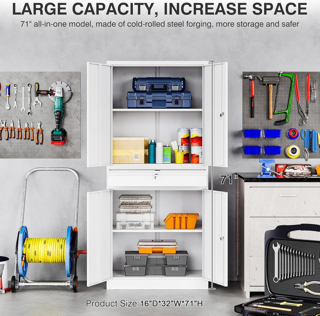 SISESOL White Metal Storage Cabinet with Drawer and Locks,Garage Storage Cabinet with Locking Doors and Adjustable Shelves,71" Tall Large Metal Cabinets with Magnetic Door for Home,Office,Garage