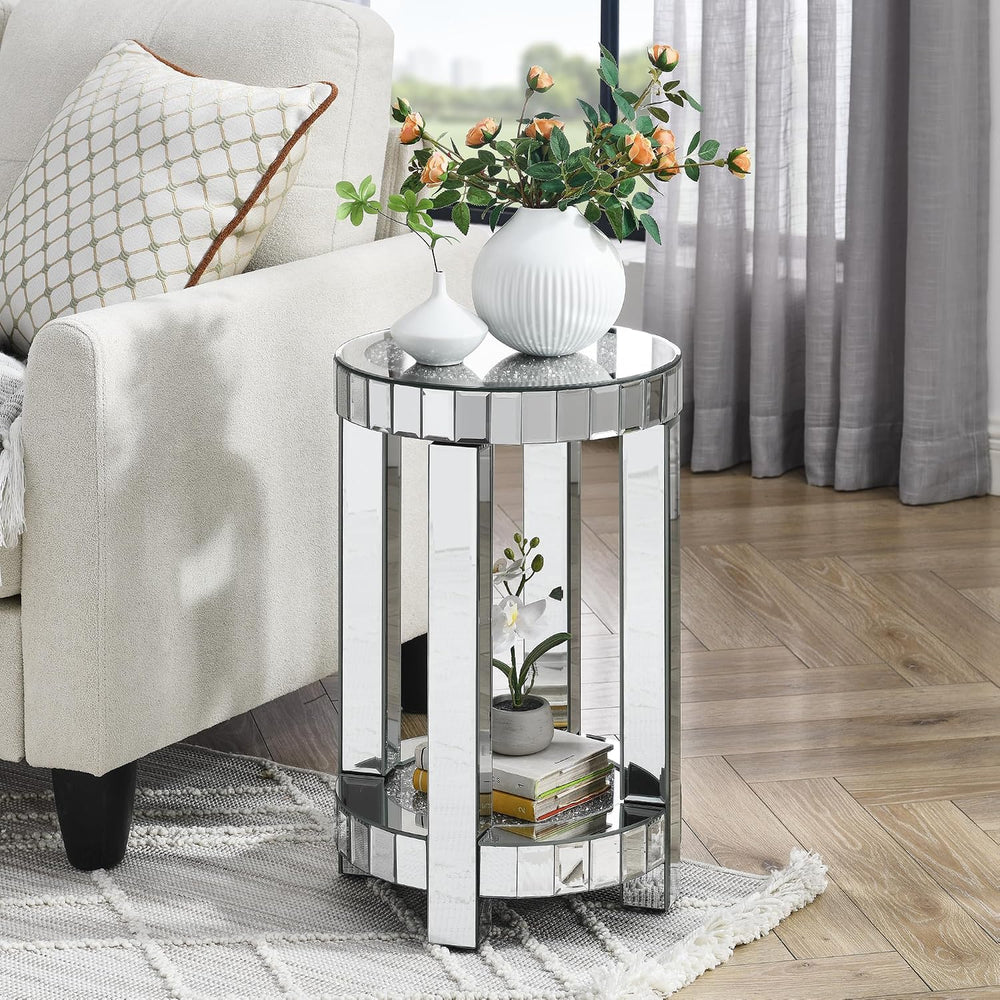 Silver Mirrored 3 Piece Living Room Table Set, Modern 2 Tier Rectangle Center...