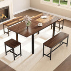 Garvee 5 PCs Extendable Dining Table Set for 4-8 People, 63 Inch Kitchen Table with 2 Benches & 2 Stools, Modern Dining Room Furniture Sets, Easy Assembly