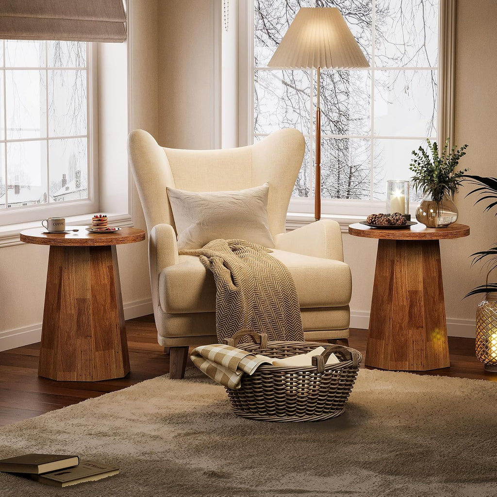 Tribesigns Round Pedestal End Table, Farmhouse Couch Side Table with Octagonal Base, Wooden Drink Stand Accent Nightstand(1, Walnut)