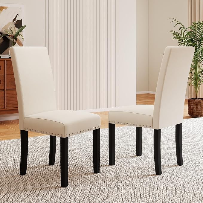 LSSPAID Dining Chairs Set of 6, Fabric Upholstered Dining Room Parson Chair with Nailhead Trim and Solid Wood Legs for Home and Kitchen, Beige